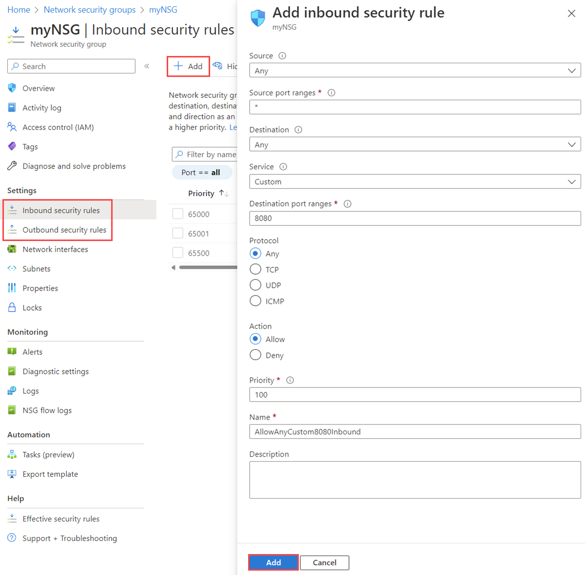 Screenshot of adding a security rule to a network security group in the Azure portal.