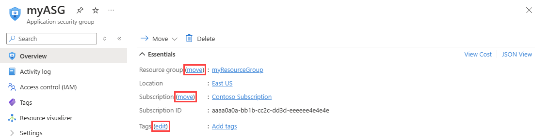 Screenshot of changing an application security group in the Azure portal.