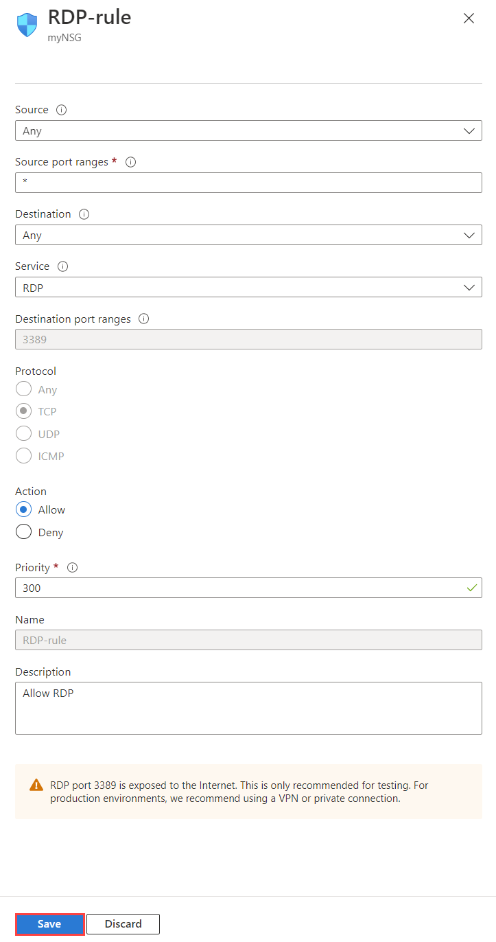 Screenshot of changing the inbound security rule details of a network security group in the Azure portal.