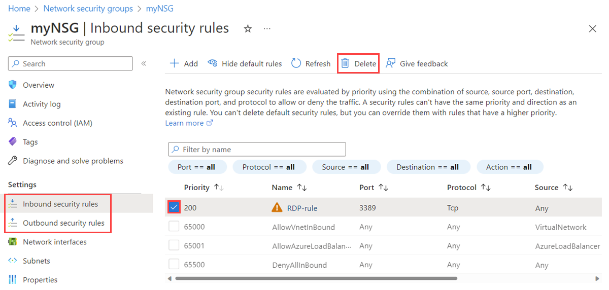 Screenshot of deleting an inbound security rule of a network security group in the Azure portal.