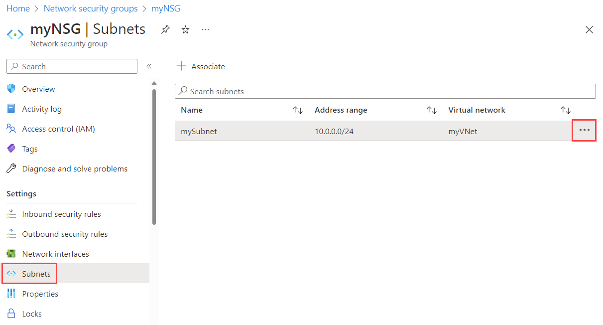 Screenshot of dissociating an NSG from a subnet in the Azure portal.