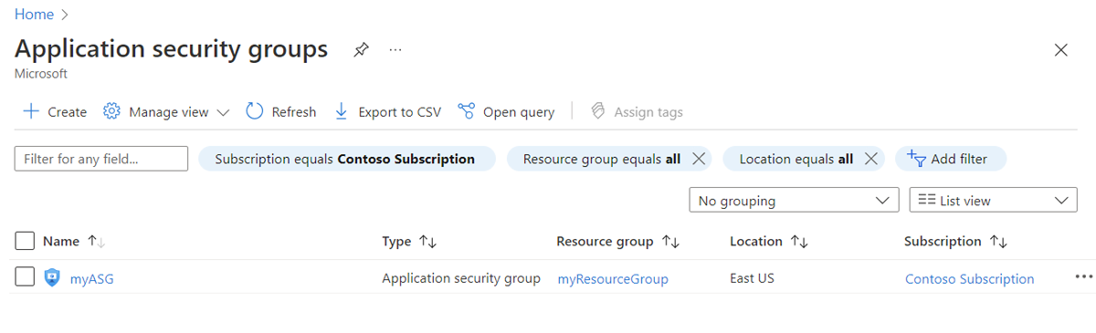 Screenshot of existing application security groups in the Azure portal.
