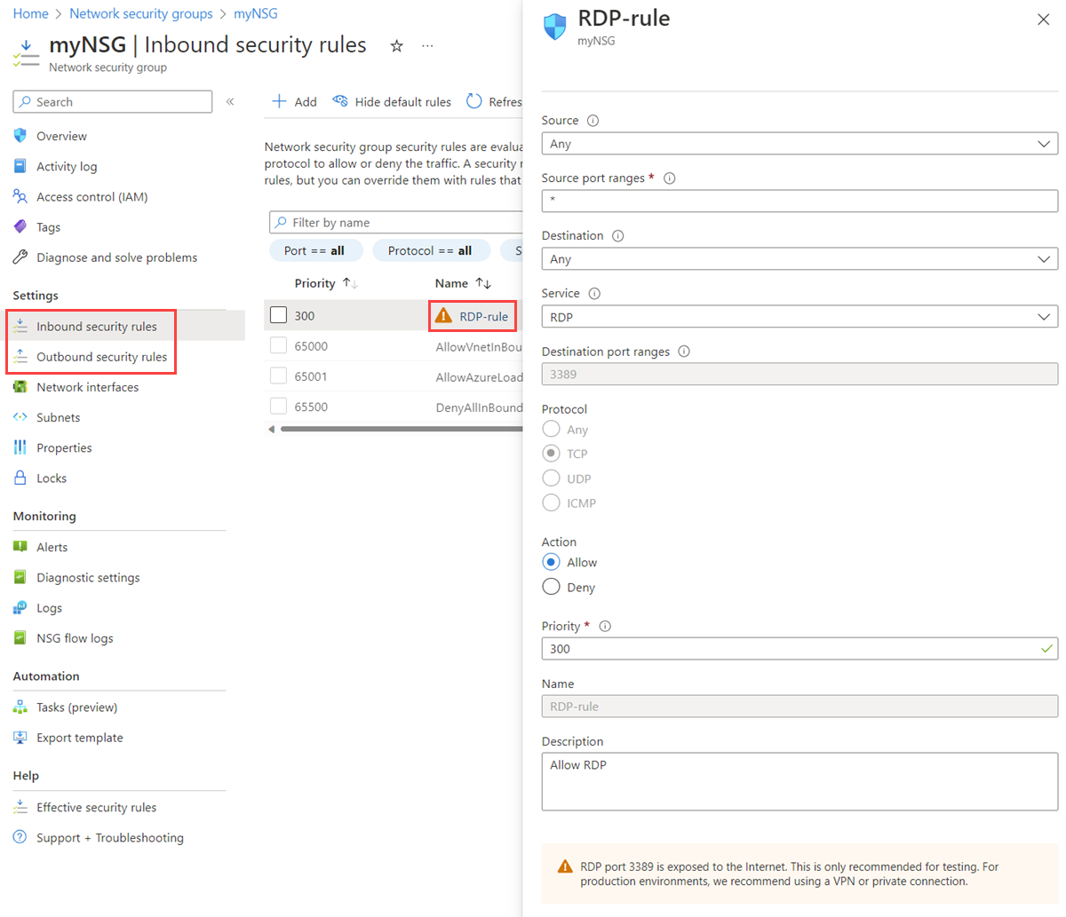 Screenshot of the details of an inbound security rule of a network security group in the Azure portal.