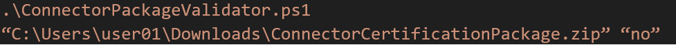Shows the syntax to execute ConnectorPackageValidator.ps1.