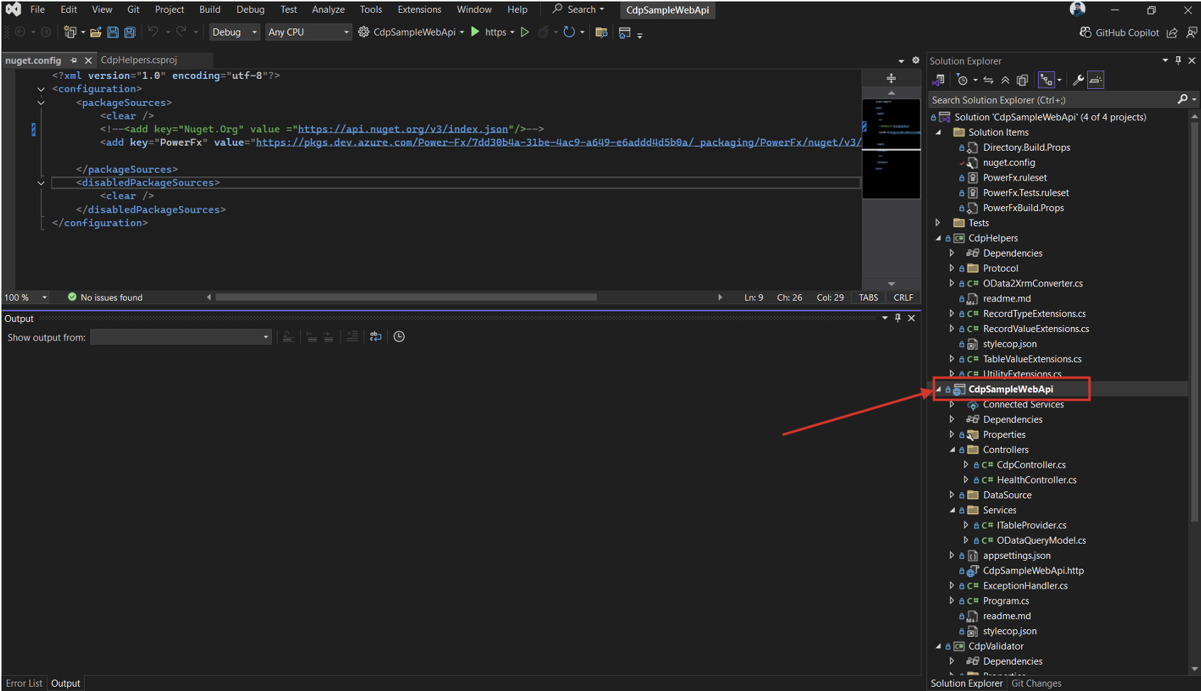 Shows where to find the `cdpSampleWebAPI` folder in Visual Studio.