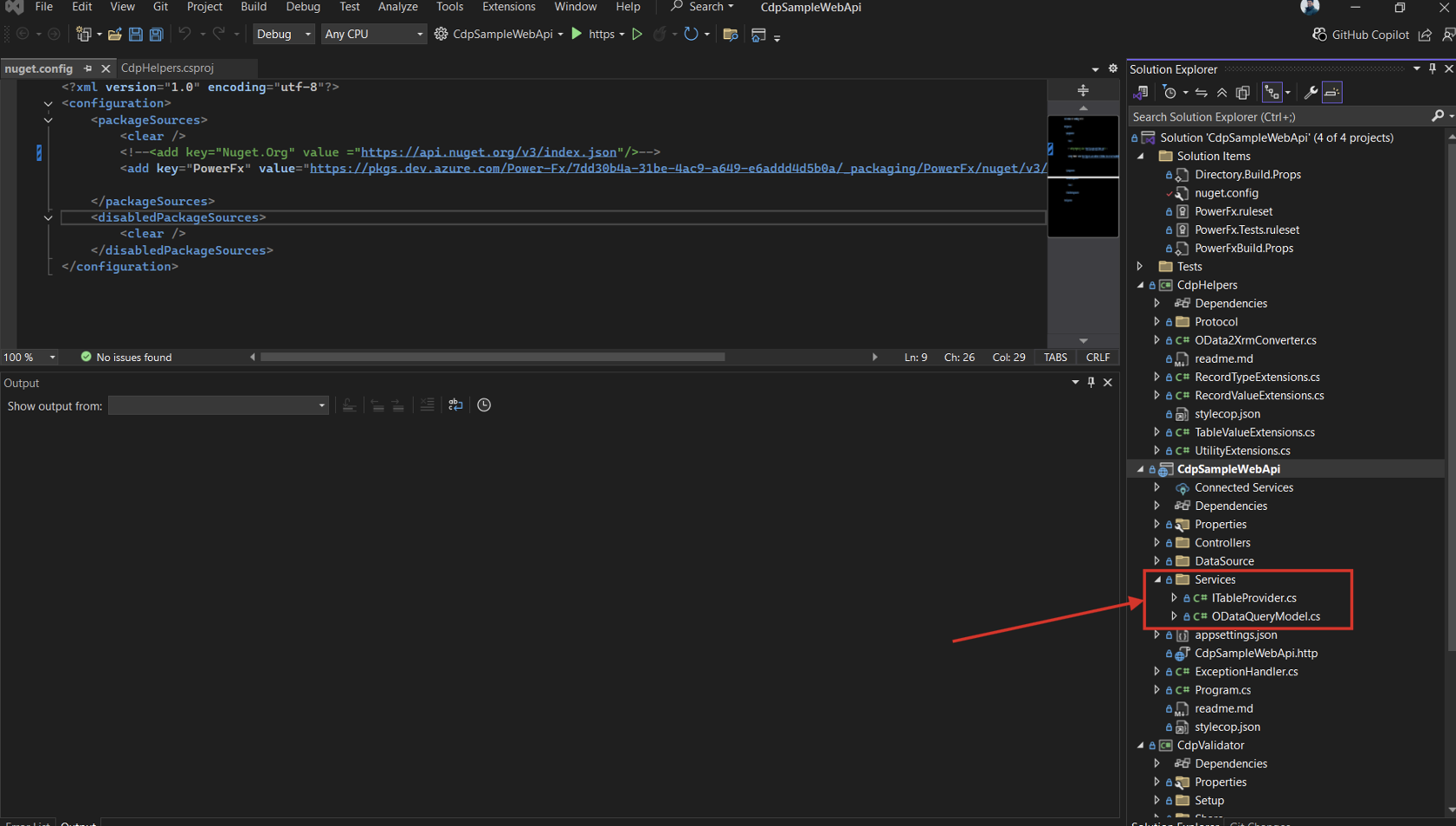 Shows where to find the `services` folder in Visual Studio.