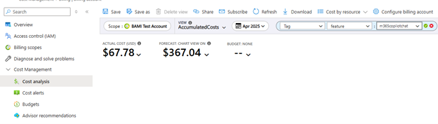 Screenshot of the Azure portal that shows the Cost Management page filtered on the Microsoft 365 Copilot Chat cost.