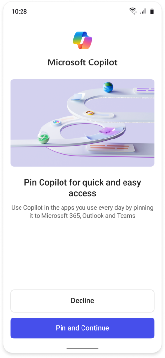 Screenshot showing the prompt that appears on mobile interfaces for users to pin Copilot Chat.
