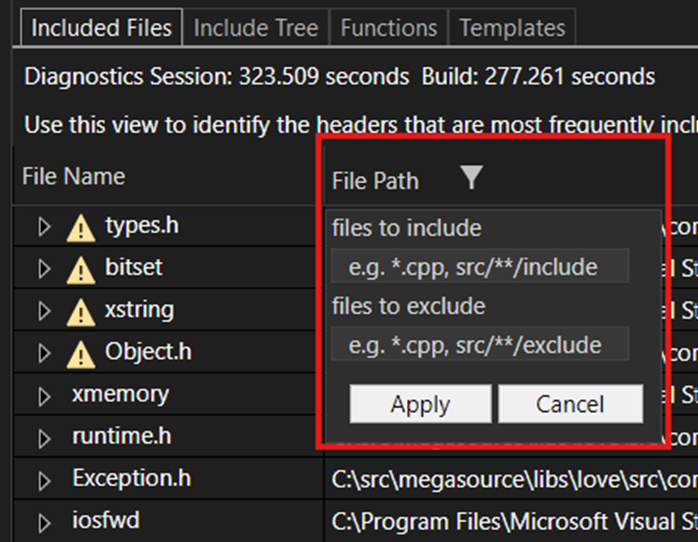 A screenshot of the build insights filter dialog. There's a files to include text box and a files to exclude text box.