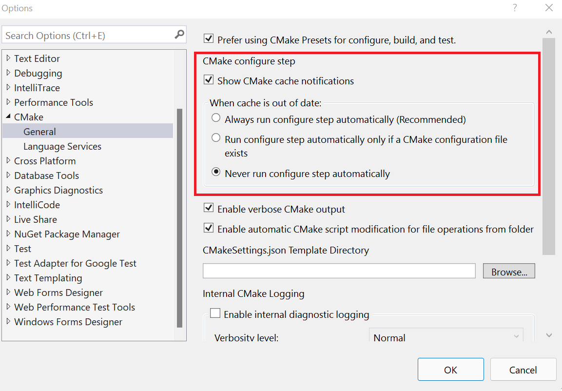 Screenshot of the C Make configuration options in the Visual Studio settings window.