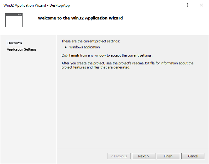 Screenshot of the dialog box in Visual Studio 2015 that shows the Win32 Application Wizard Overview page.