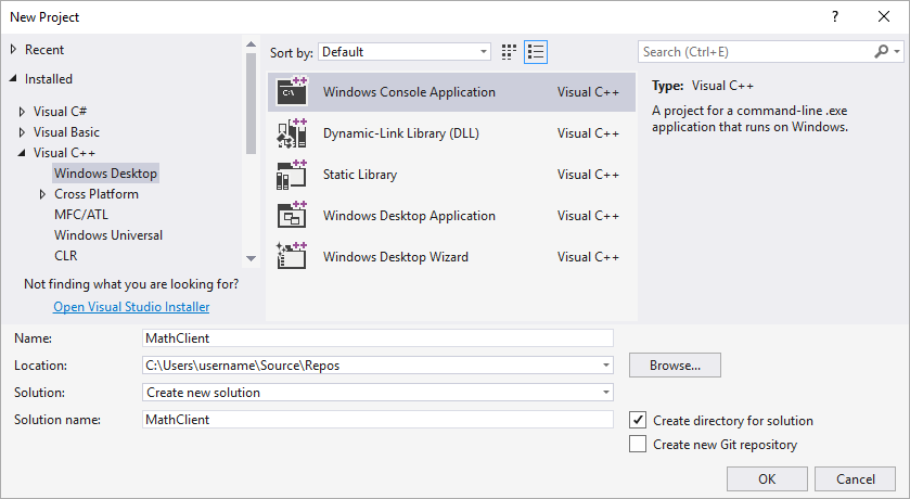 Screenshot of the New Project dialog box with Windows Console Application highlighted, and Math Client typed in the Name text box.