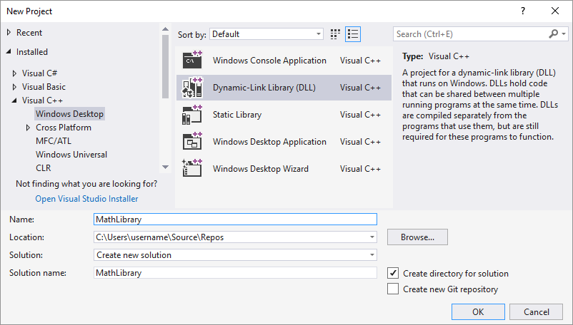 Screenshot of the New Project dialog box in Visual Studio 2017 showing Math Library in the Name text box.