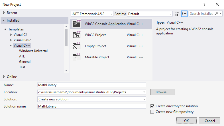 Screenshot of the New Project dialog box in Visual Studio 2015 showing MathLibrary in the Name text box.