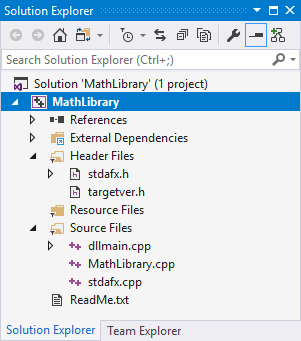 Screenshot of the Solution Explorer window in Visual Studio 2015 with the MathLibrary highlighted.