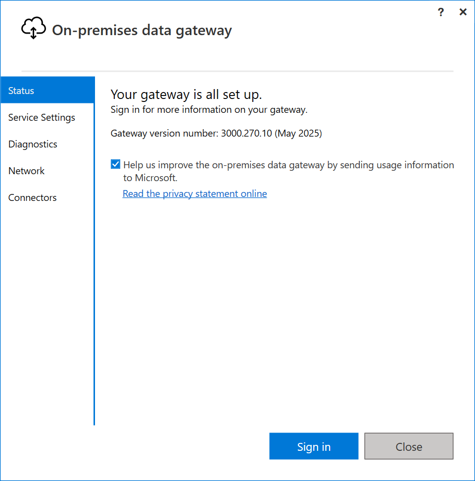 Screenshot of the opening dialog of the on-premises data gateway app.