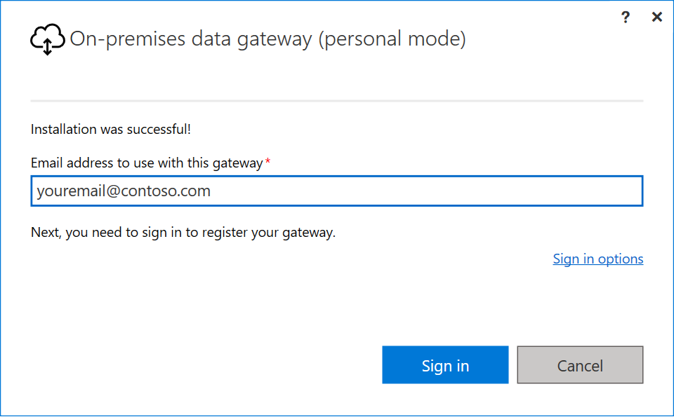 Screenshot of the personal mode gateway dialog with your personal mode email address.