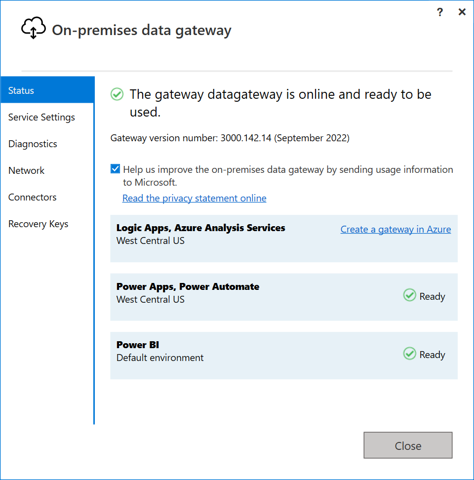Screenshot of the gateway summary window.