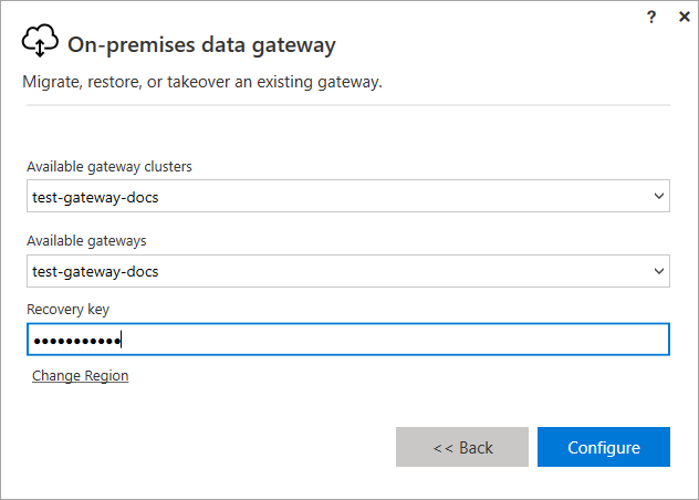 Screenshot of the migration, restoration, or takeover of a gateway page with the information filled in.