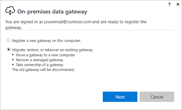 Screenshot of the gateway registration where you choose to migrate, restore, or take over a gateway.
