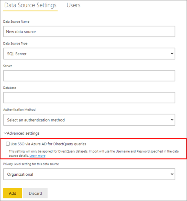 Screenshot of the data source settings page with Use SSO via Microsoft Entra ID for DirectQuery queries emphasized.