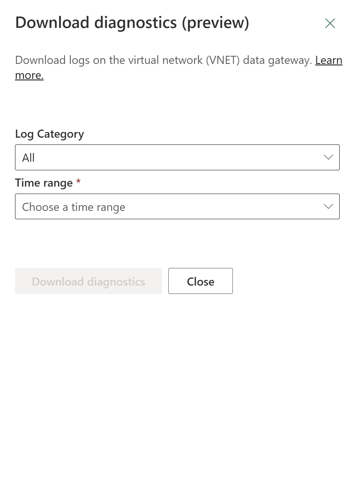 Screenshot of the download diagnostics dialog where you choose the log category and time range
