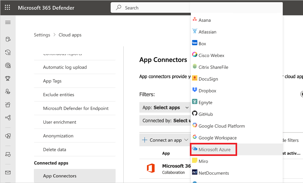Connect Azure menu item.