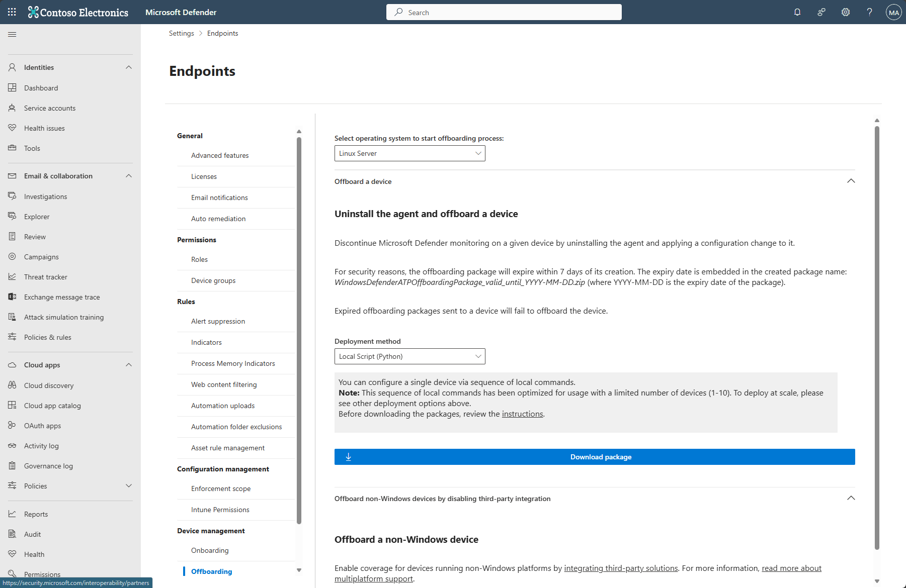 Screenshot showing Offboarding page in the Microsoft Defender portal.