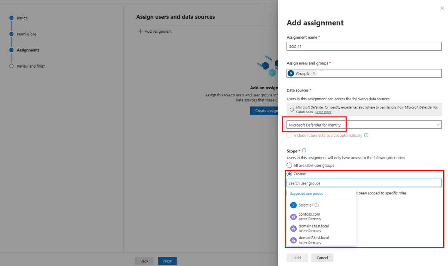 Screenshot showing how to add Defender for Identity to your scoping role.