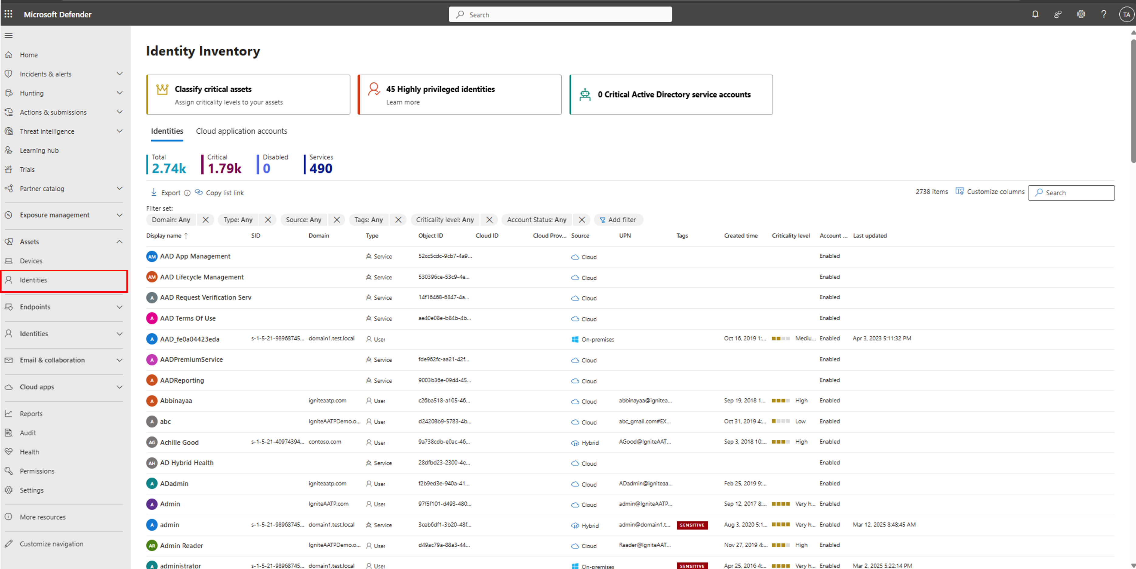 A screenshot of identity inventory page.