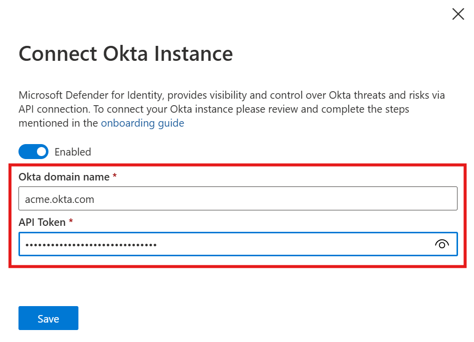Screenshot that shows how to connect your Okta instance.