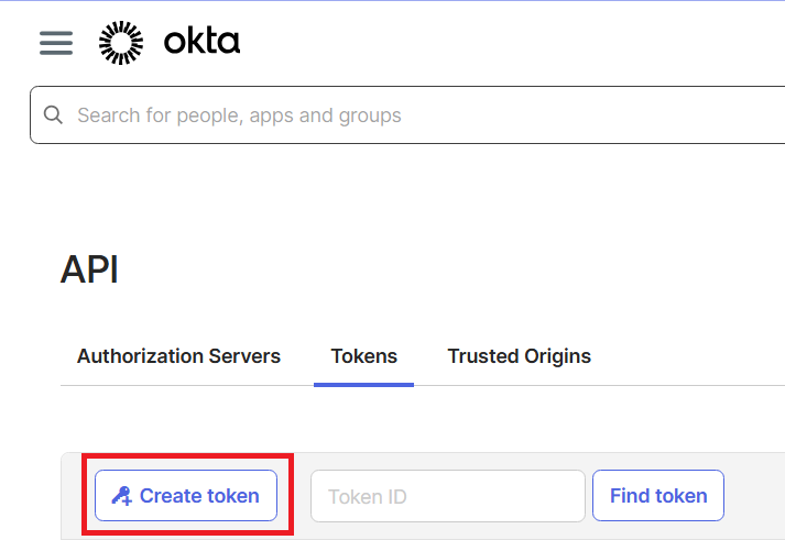Screenshot of the Okta API Tokens tab with the Create token button highlighted.