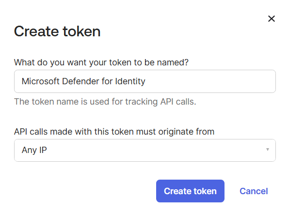 Screenshot of the Okta Create token form with fields for token name and IP restriction, and the Create token button highlighted.