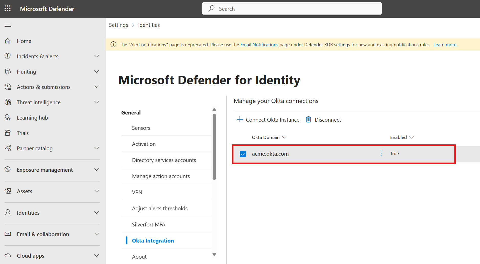 Screenshot that shows the Okta environment has been added and is enabled.