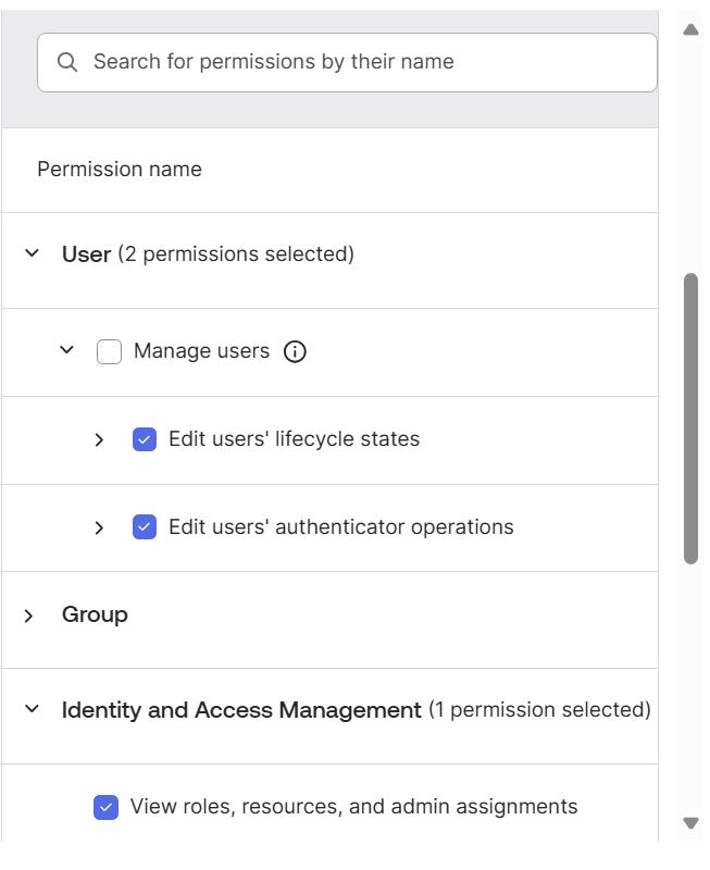 Screenshot showing a list of Okta permissions that need to be assigned when adding a custom role.