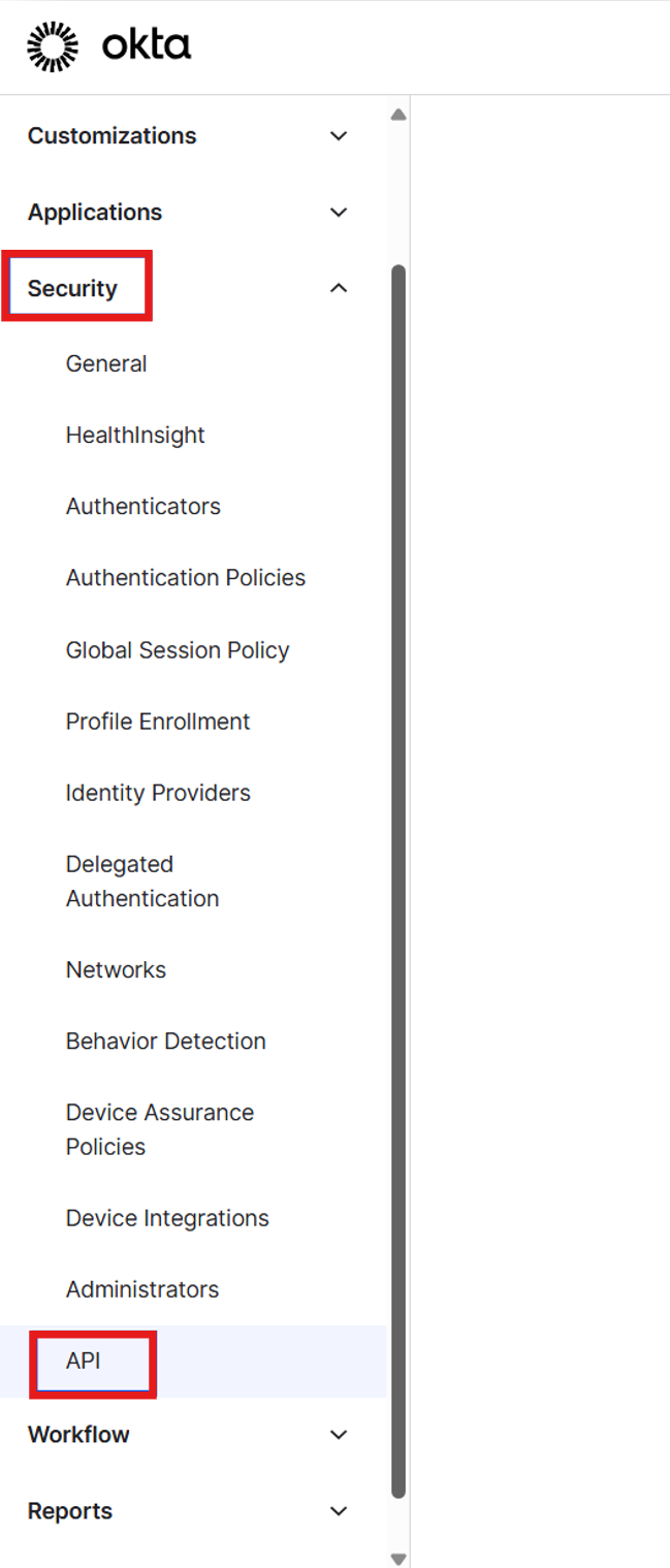 Screenshot of the Okta admin console navigation menu with Security and API options highlighted in the left pane.