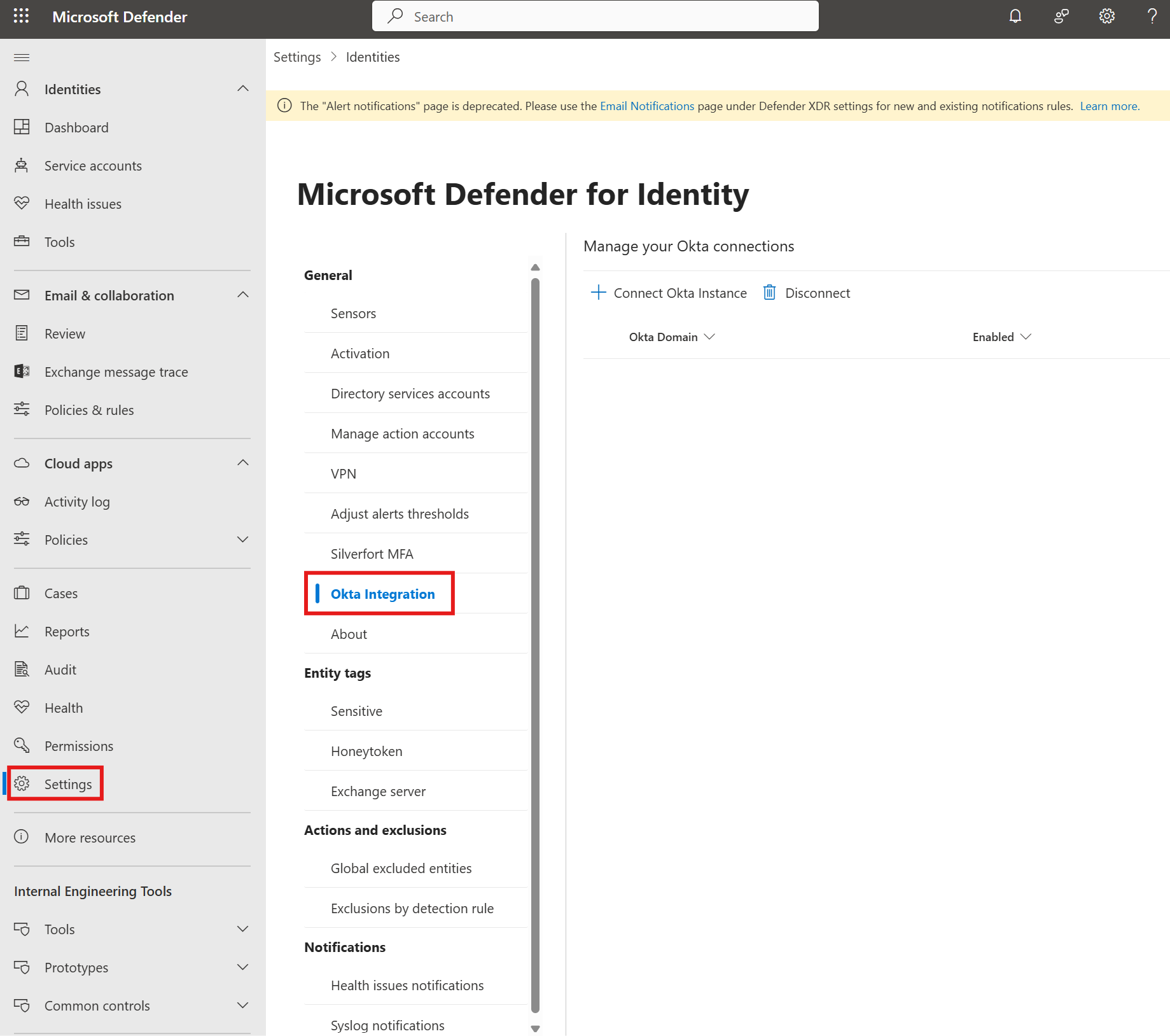 Screenshot showing the Microsoft Defender for Identity settings page with the Okta Integration option highlighted.