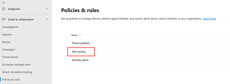 Highlighting Alert policy in the Policies and rules page