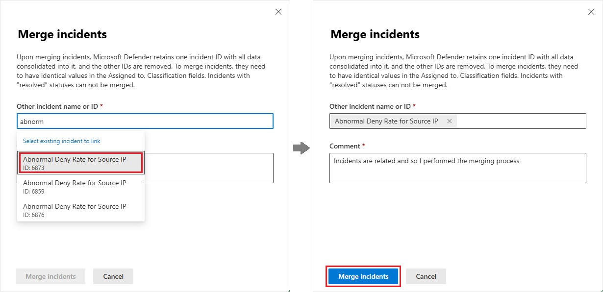 Screenshot of incident merge panel from incident page.