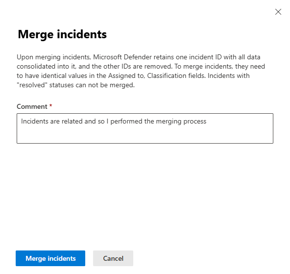 Screenshot of merging incidents from queue.