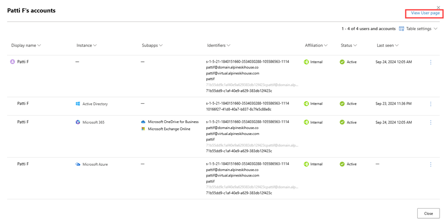 Screenshot highlighting the view user page option in a username search within Identities.