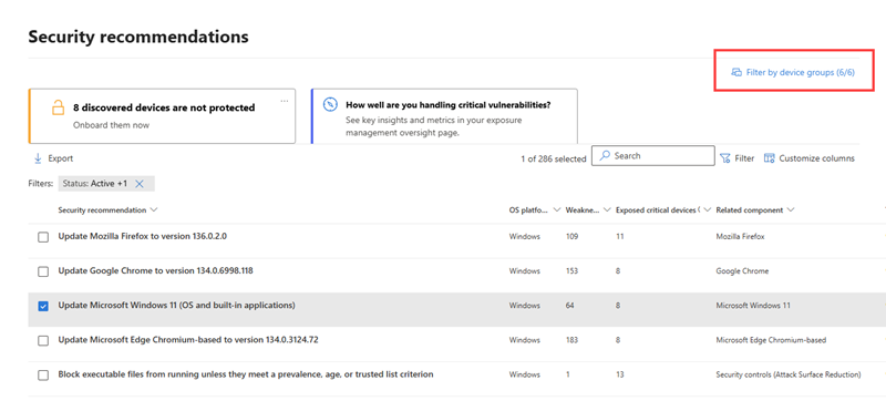 Screenshot highlighting the filter option in the Recommendations page.