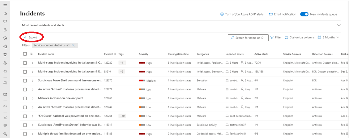 Shows the Export button in the Incidents page  of the Microsoft Defender portal