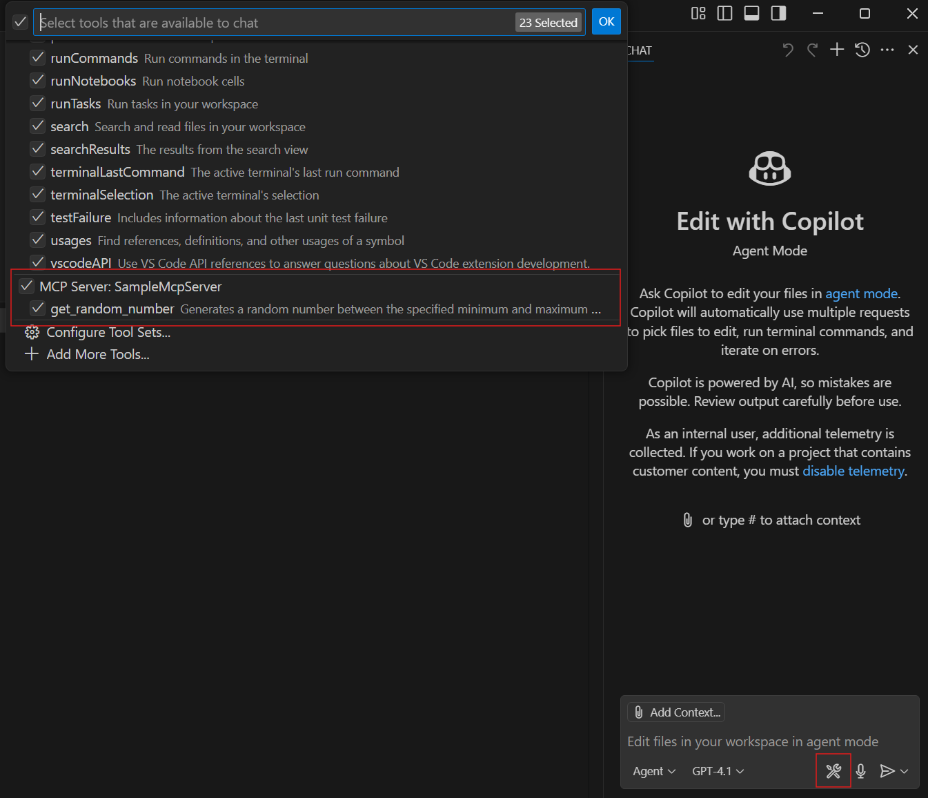 A screenshot showing the available MCP tools.