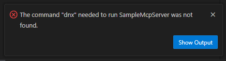 A screenshot showing the missing dnx command in VS Code.