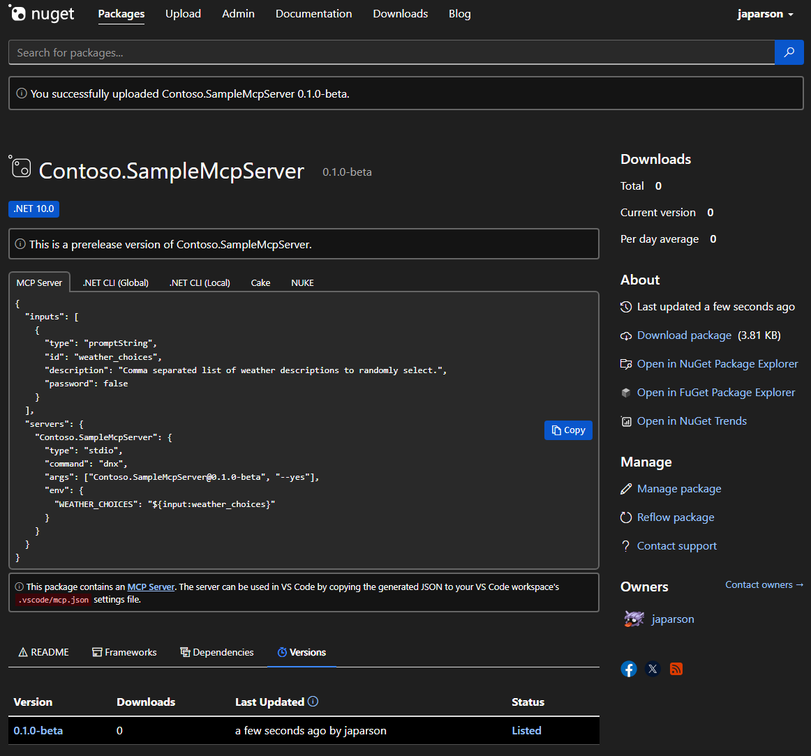 A screenshot showing a specific MCP server displayed on NuGet.org.