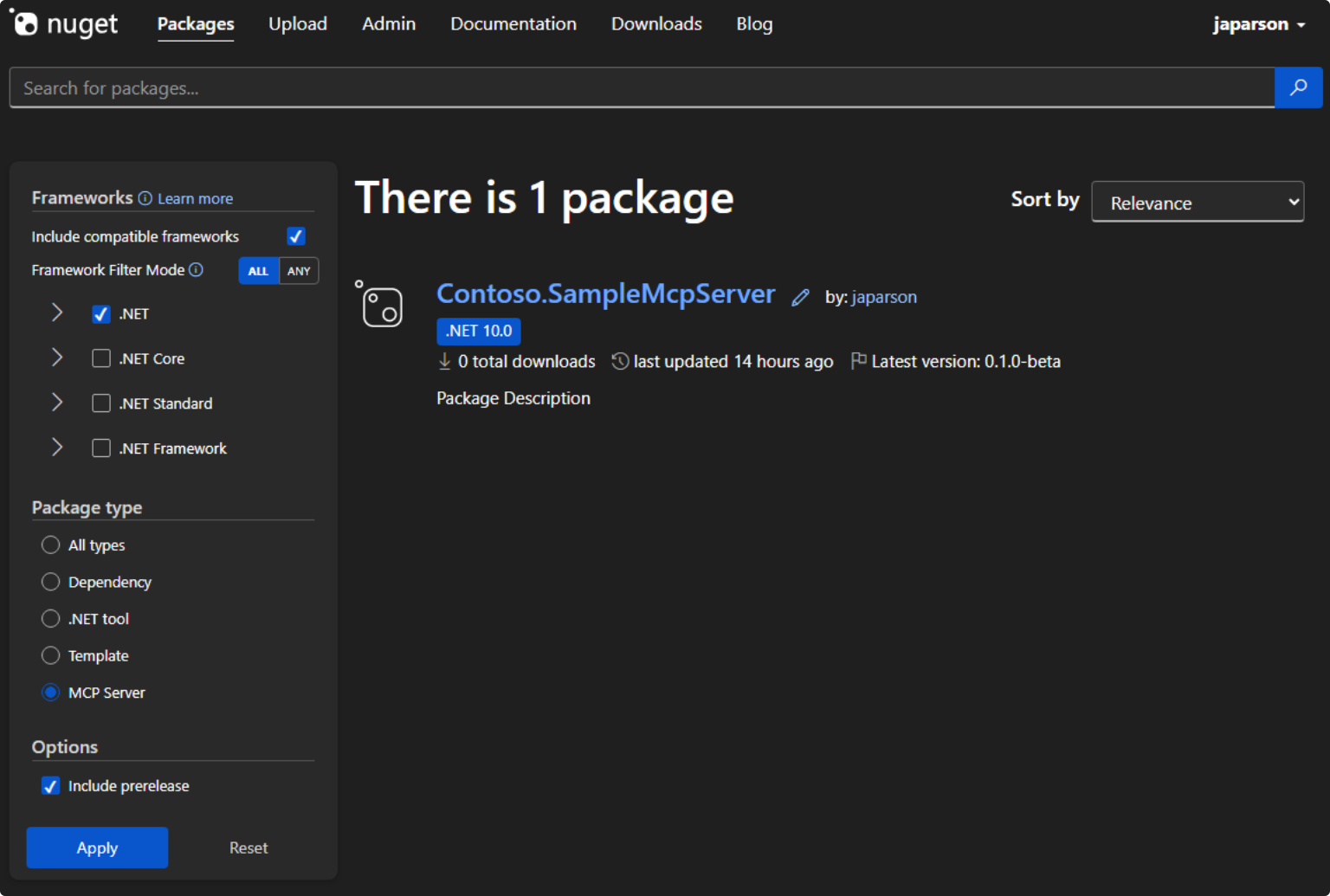 A screenshot showing a search for MCP servers on NuGet.org.