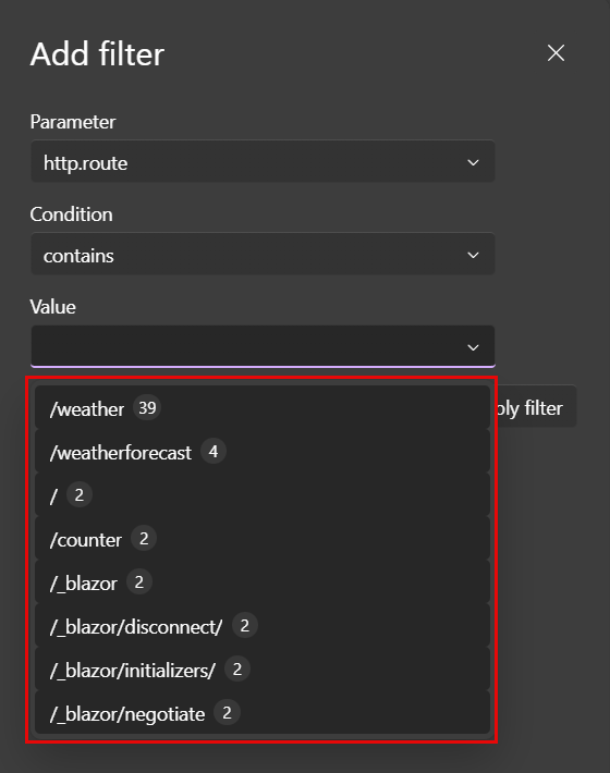 A screenshot of the .NET Aspire dashboard Traces page, showing the Add filter dialog with the http.route parameter selected.