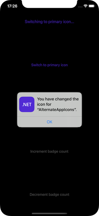 A sample alert when an app changes to the primary icon