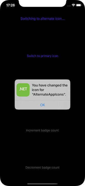 A sample alert when an app changes its icon